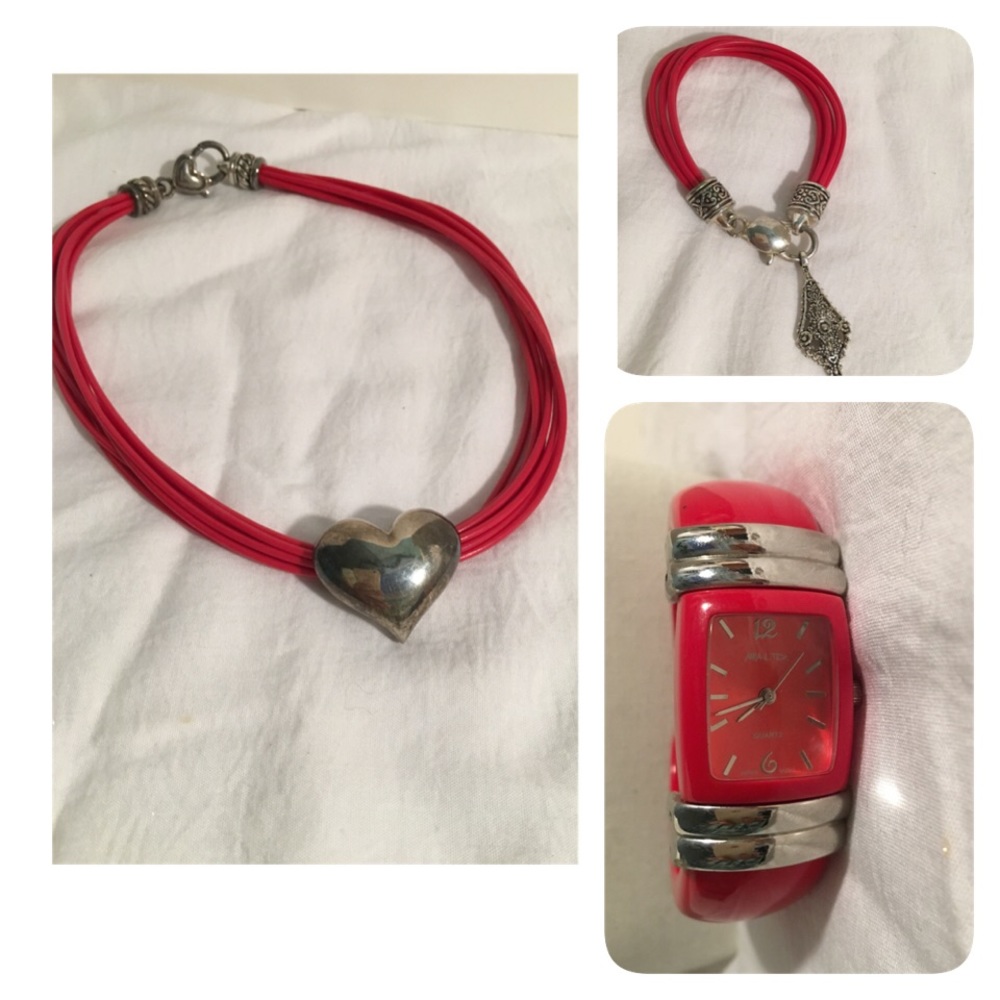 Red necklace with silver heart pendant 3pc set